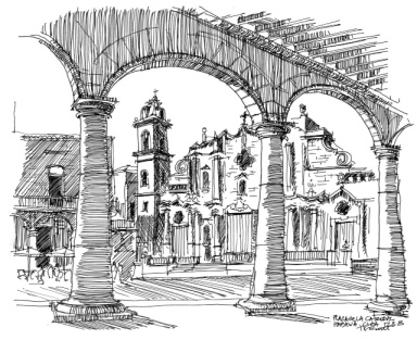 Richmond Regla Cuba Tour sketch of Plaza de la Catedral, Havana 1213 by Tom Butt